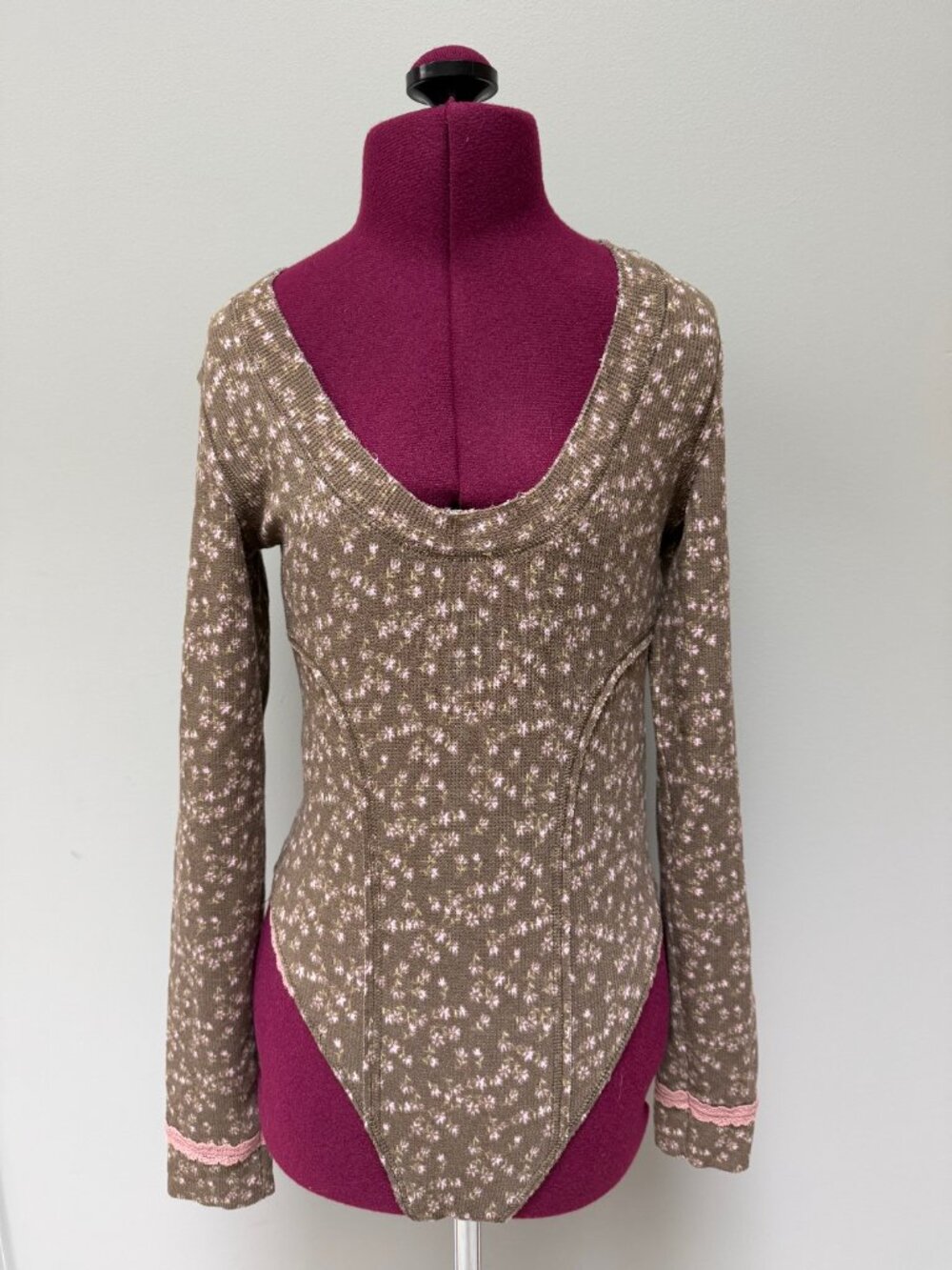 Free People Brown Floral Scoop Neck Bodysuit with Pink Lace Accents Size XS